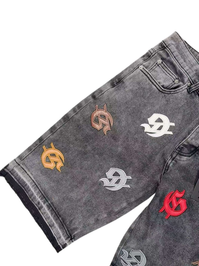 1:1 quality version Leather G Logo Embroidered Frayed Edge Washed Denim Shorts 3 colors 28972576