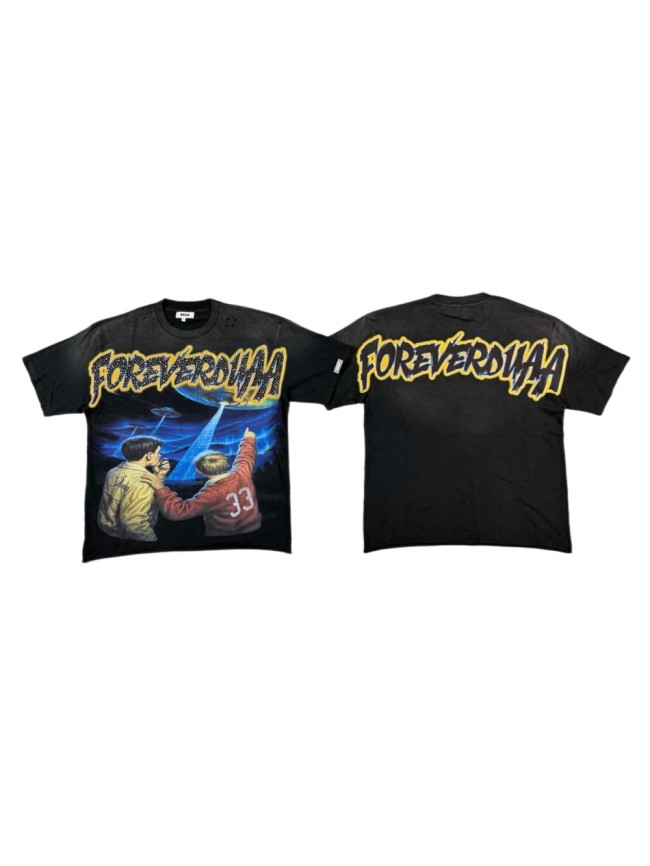 Boy Looking Up At UFO Rhinestone Print Washed Tee 29053849