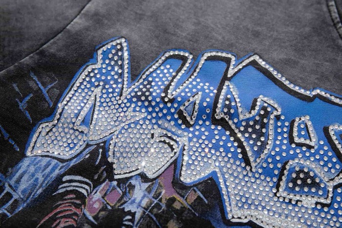 City Night View Graffiti Art Rhinestone Print Washed Tee 29060728
