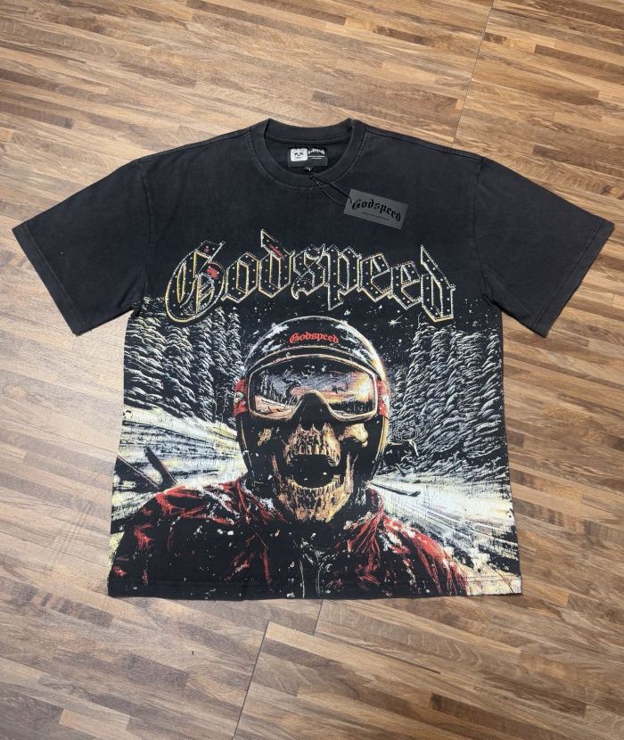 Vintage snow skiing skeleton distressed washed print T-shirt 29051358