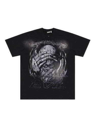 No Evil kull With Covered Eyes Print Washed T-Shirt Tee 28979130