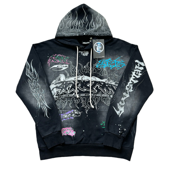 Letter Print Rhinestone Washed Version hoodie & pants set 28636630