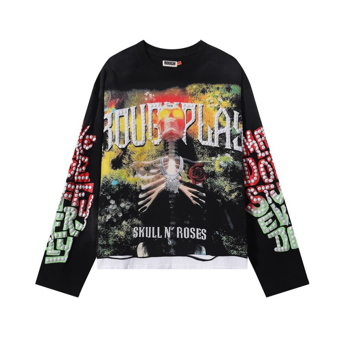 Rose Skull Silver Hot Stamping Print Washed Version Long Sleeve T-Shirt 28758380