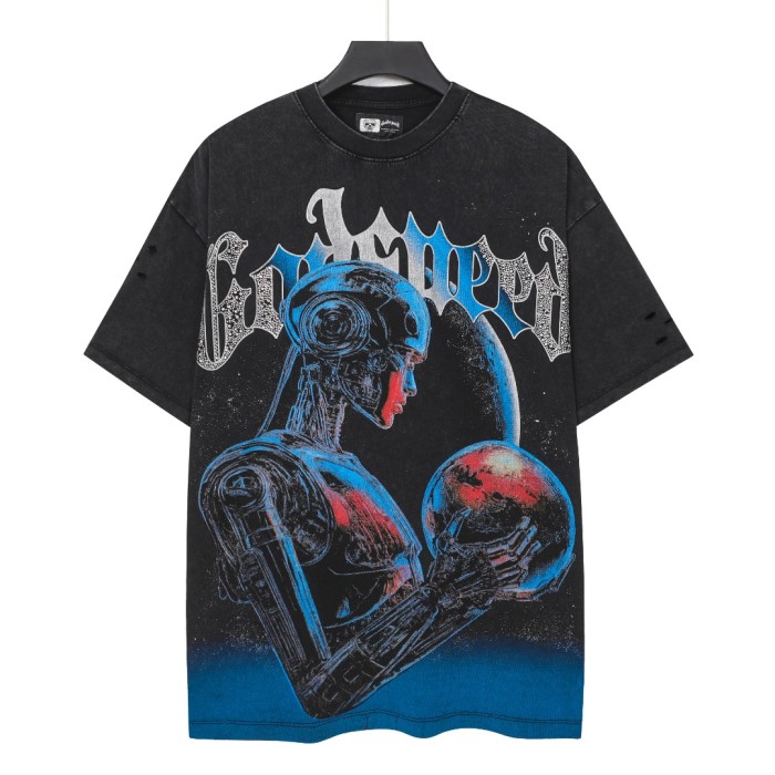 Cyber mechanical female robot planet black vintage short-sleeved T-shirt 29052448