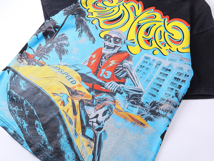 Skeleton motorboat black vintage double-sided printed short-sleeved T-shirt 29044762