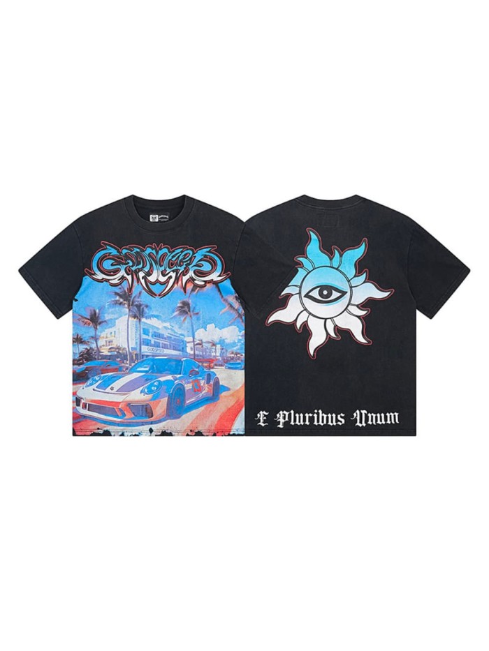 Miami Sports Car All-Seeing Eye Black Distressed Short-Sleeve T-Shirt 29044777