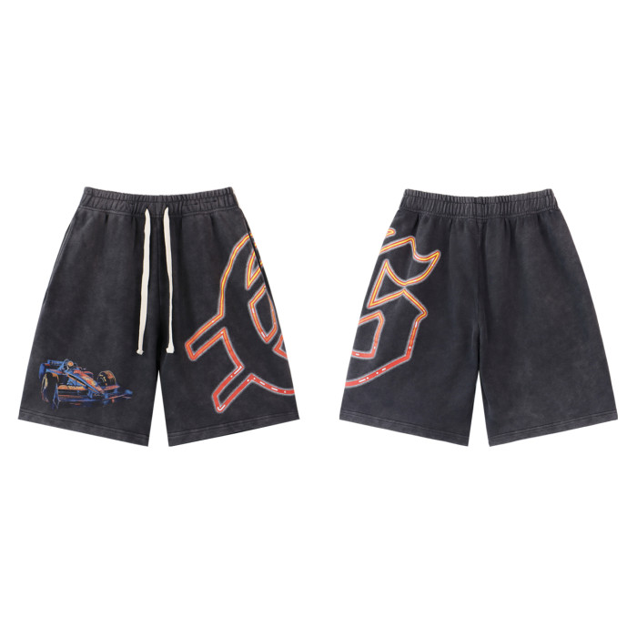 28199447 Racing Large Letter Print Washed Version Shorts 2 colors