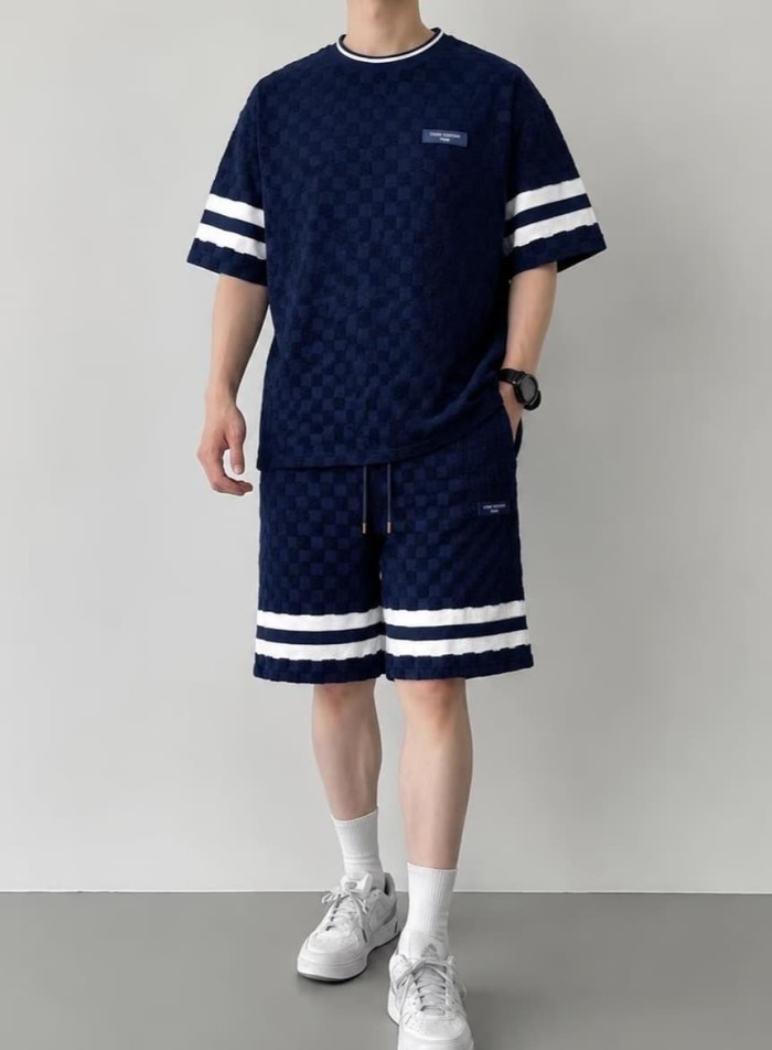 1:1 quality version Checkered Jacquard Knit Crew Neck Short Sleeve Top & Shorts Set 2 colors 29114365