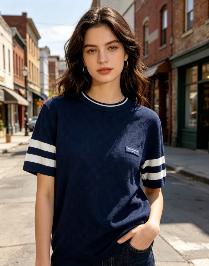 1:1 quality version Checkered Jacquard Knit Crew Neck Short Sleeve Top & Shorts Set 2 colors 29114365