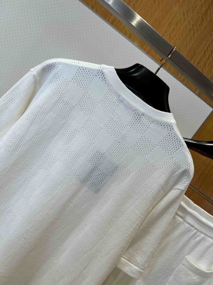 1:1 quality version Checkered Hollow Knit Casual Short Sleeve Top & Shorts Set 29114384
