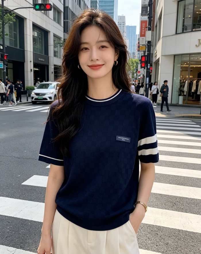 1:1 quality version Checkered Jacquard Knit Crew Neck Short Sleeve Top & Shorts Set 2 colors 29114365