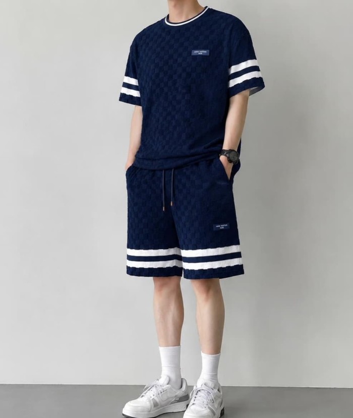1:1 quality version Checkered Jacquard Knit Crew Neck Short Sleeve Top & Shorts Set 2 colors 29114365