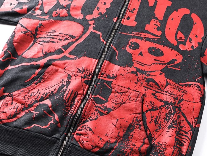 Crack Red Skull Zombie Zipper Print Washed Hoodie 29116526