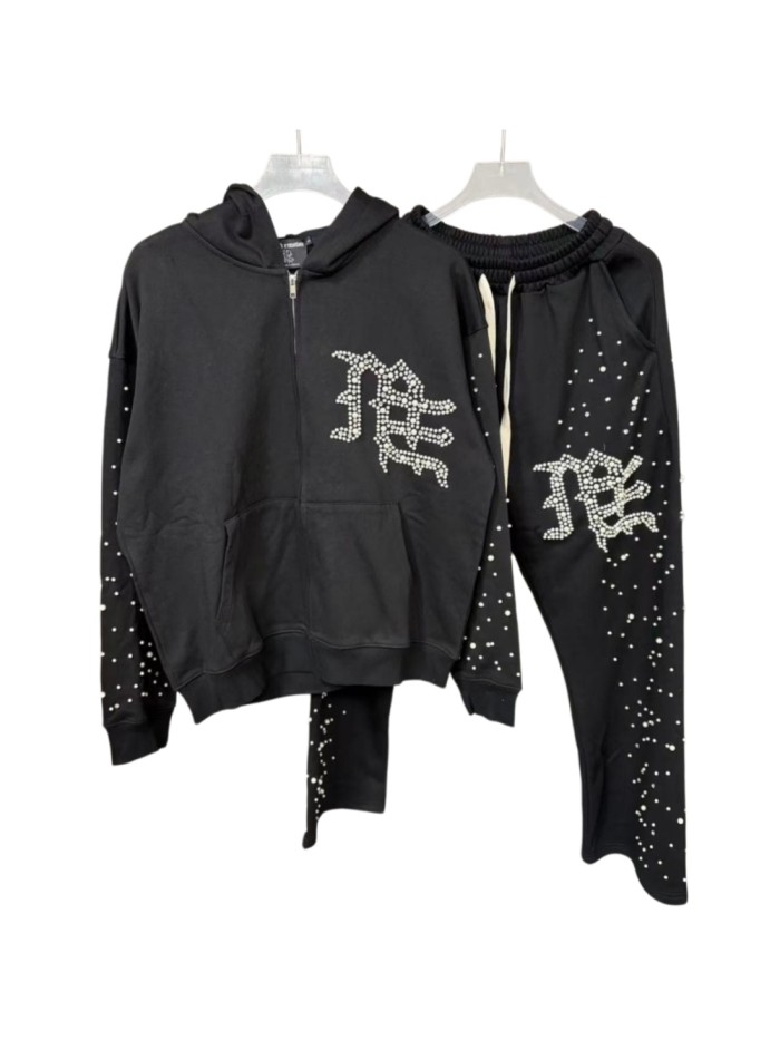 Dot Rhinestone Letter Sports Hoodie & Pants Set 29116537