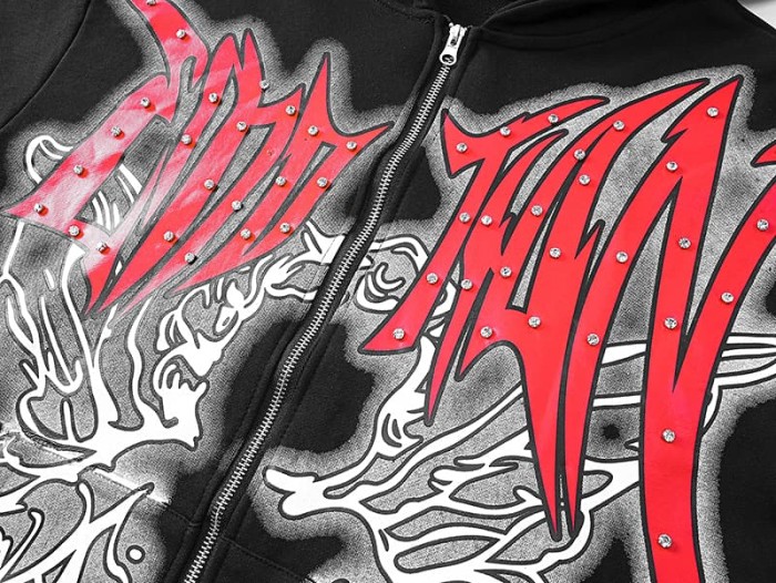 Angel Thorn Gothic Rhinestone Zipper Print Washed Hoodie 2 colors 29116530