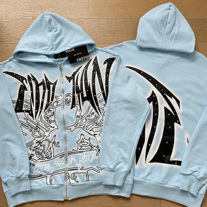 Angel Thorn Gothic Rhinestone Zipper Print Washed Hoodie 2 colors 29116530