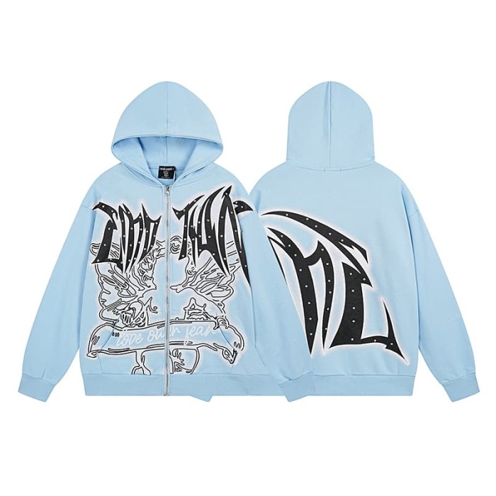 Angel Thorn Gothic Rhinestone Zipper Print Washed Hoodie 2 colors 29116530