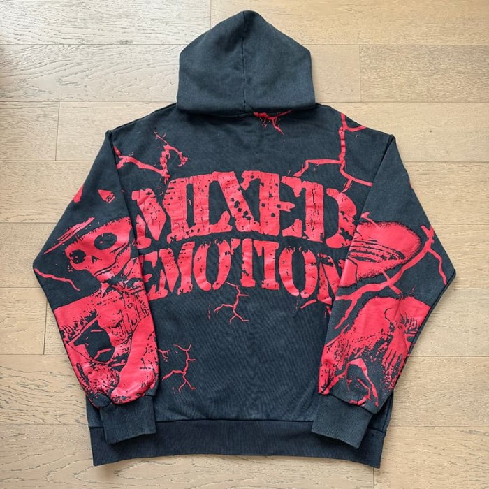 Crack Red Skull Zombie Zipper Print Washed Hoodie 29116526