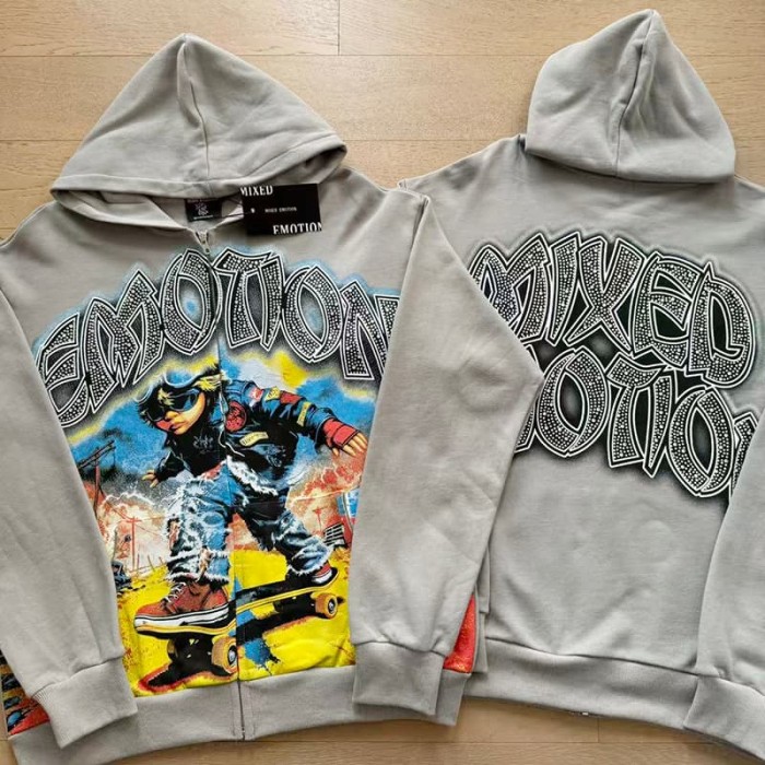Vintage Skateboard Boy Rhinestone Zipper Print Washed Hoodie 29116527