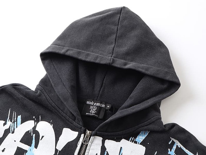 Gas Mask Wasteland Style Zipper Print Washed Hoodie 29116525