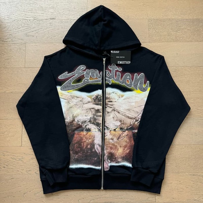 Archery Angel Oil Painting Rhinestone Zipper Print Washed Hoodie 29116529