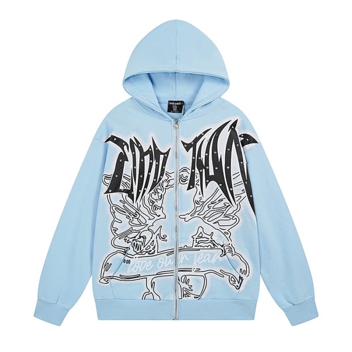 Angel Thorn Gothic Rhinestone Zipper Print Washed Hoodie 2 colors 29116530