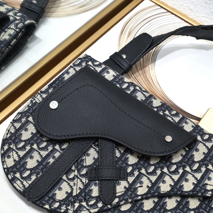 Jacquard Canvas & Black Full Grain Calfskin Leather Saddle Shoulder Bag 2 colors 29116572