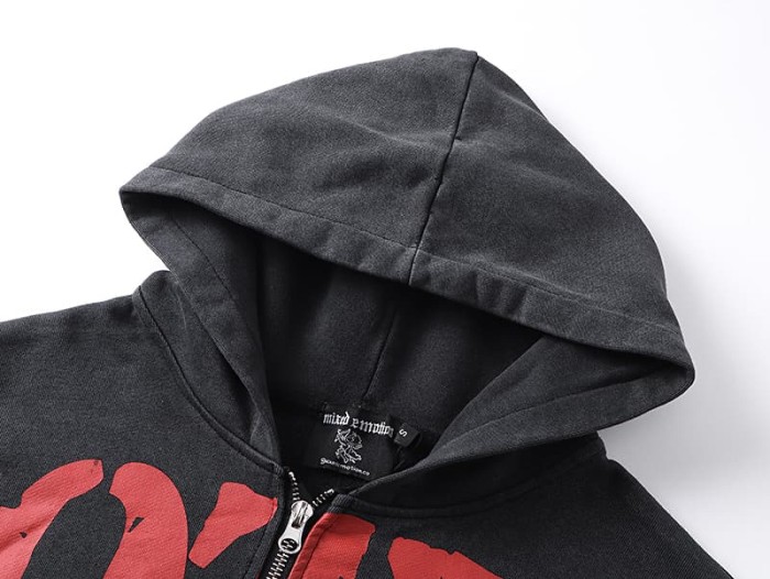 Crack Red Skull Zombie Zipper Print Washed Hoodie 29116526