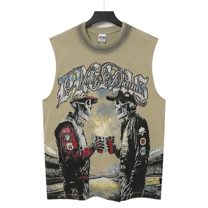Skeleton Cowboy Toast Rhinestone Print Washed Vest 2 colors 29119187