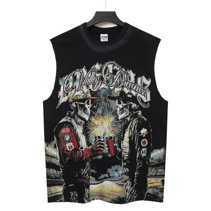 Skeleton Cowboy Toast Rhinestone Print Washed Vest 2 colors 29119187