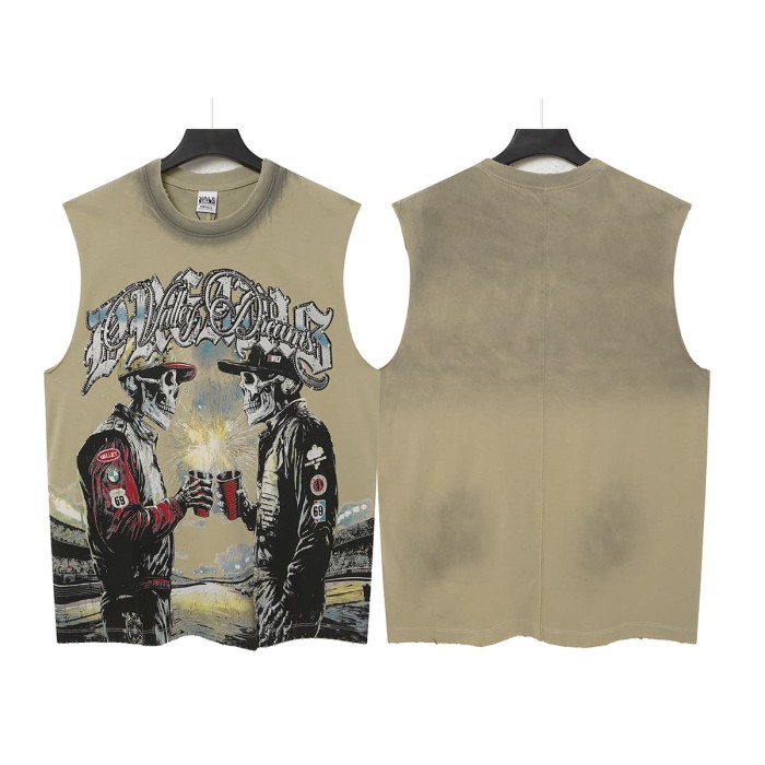 Skeleton Cowboy Toast Rhinestone Print Washed Vest 2 colors 29119187