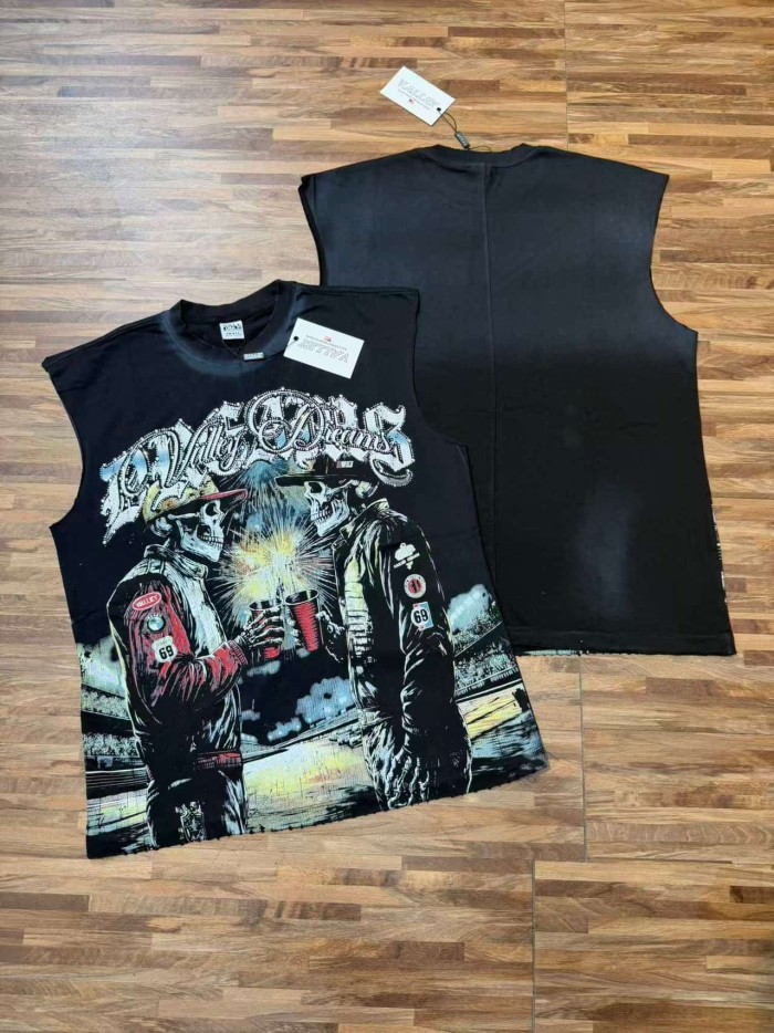 Skeleton Cowboy Toast Rhinestone Print Washed Vest 2 colors 29119187