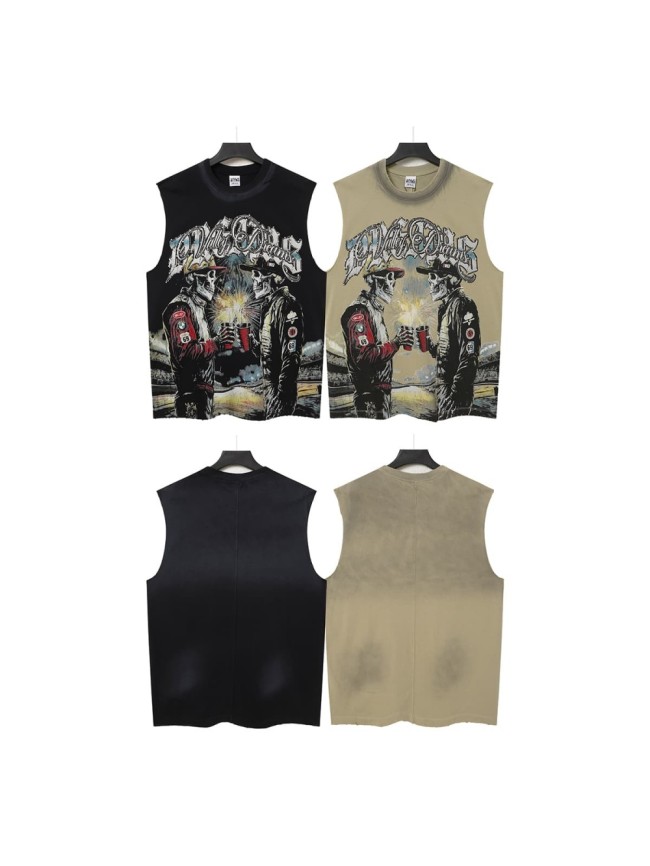 Skeleton Cowboy Toast Rhinestone Print Washed Vest 2 colors 29119187