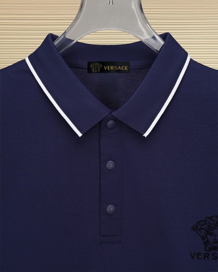 Business Luxury Slim Fit Contrast Piping Collar Tiny Golden Medusa Embroidery Men's Polo Shirt 3 colors 29119789