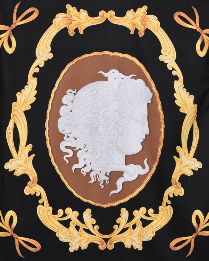 All Over Golden Scroll Bowknot Cameo Medusa Print Cuban Collar Vacation Shirt 2 colors 29139991