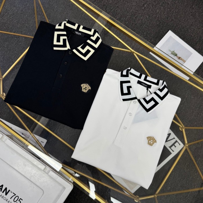 Luxury Slim Fit Greca Jacquard Collar Medusa Embroidered Polo Shirt 29119334