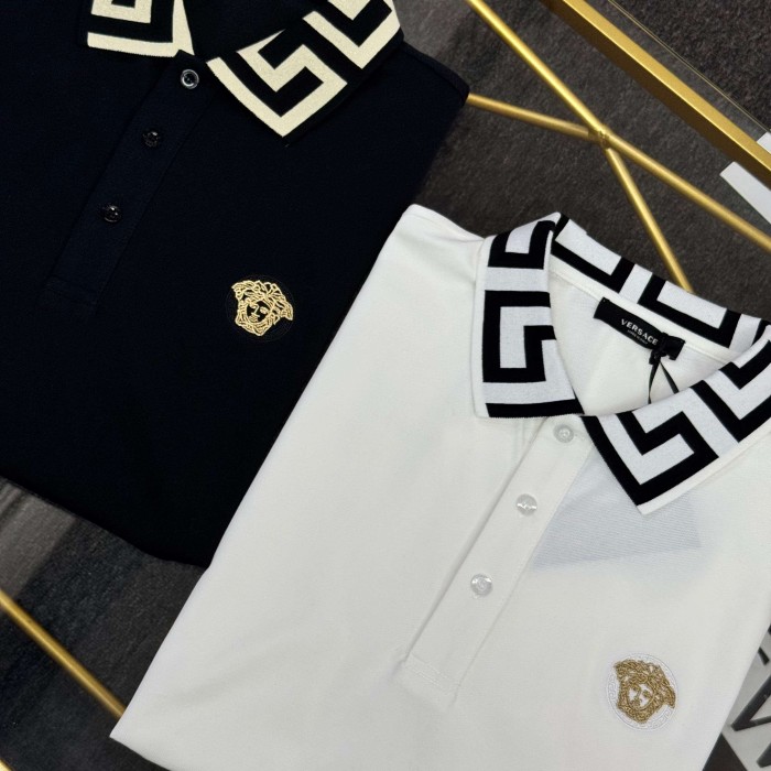 Luxury Slim Fit Greca Jacquard Collar Medusa Embroidered Polo Shirt 29119334