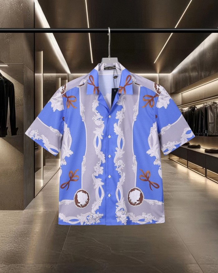 All Over Golden Scroll Bowknot Cameo Medusa Print Cuban Collar Vacation Shirt 2 colors 29139991