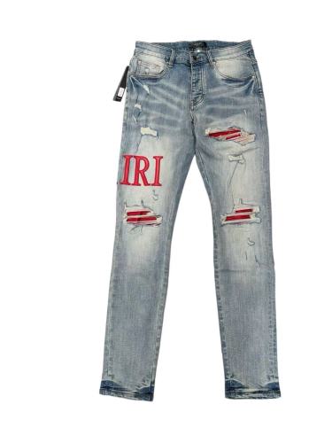 1:1 quality version Distressed Ripped Red Liner Patch Red IRI Embroidery Letter Slim Skinny Denim Jeans 29143923