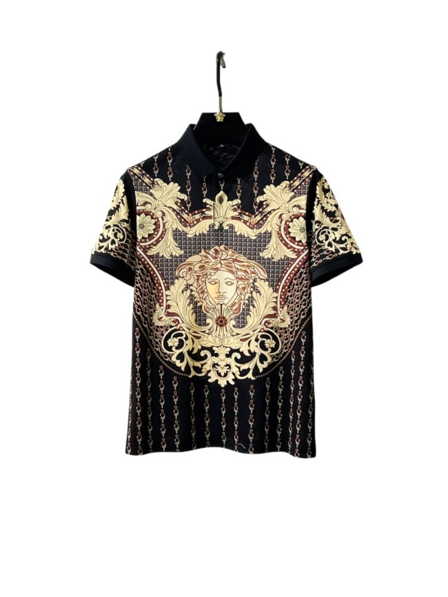 1:1 quality version  Chain Scroll Floral Central Medusa Full Print Black Lapel Men's Polo Shirt 29143767
