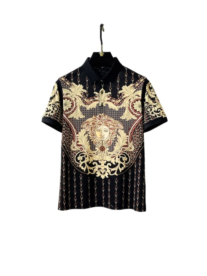 1:1 quality version  Chain Scroll Floral Central Medusa Full Print Black Lapel Men's Polo Shirt 29143767