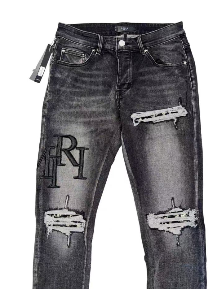 1:1 quality version Wash Multi Frayed Ripped Solid Black 3D ARI Letter Embroidery Slim Jeans 29143960