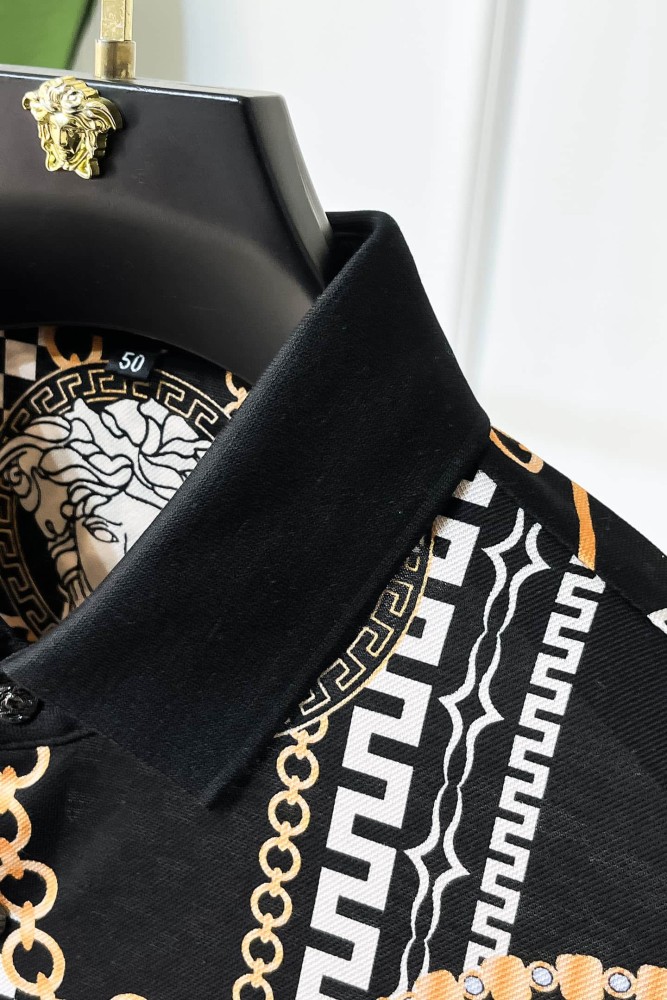 1:1 quality version Black White Checkerboard Gold Chain Greca Circle Medusa All Over Print Polo Shirt 29143769