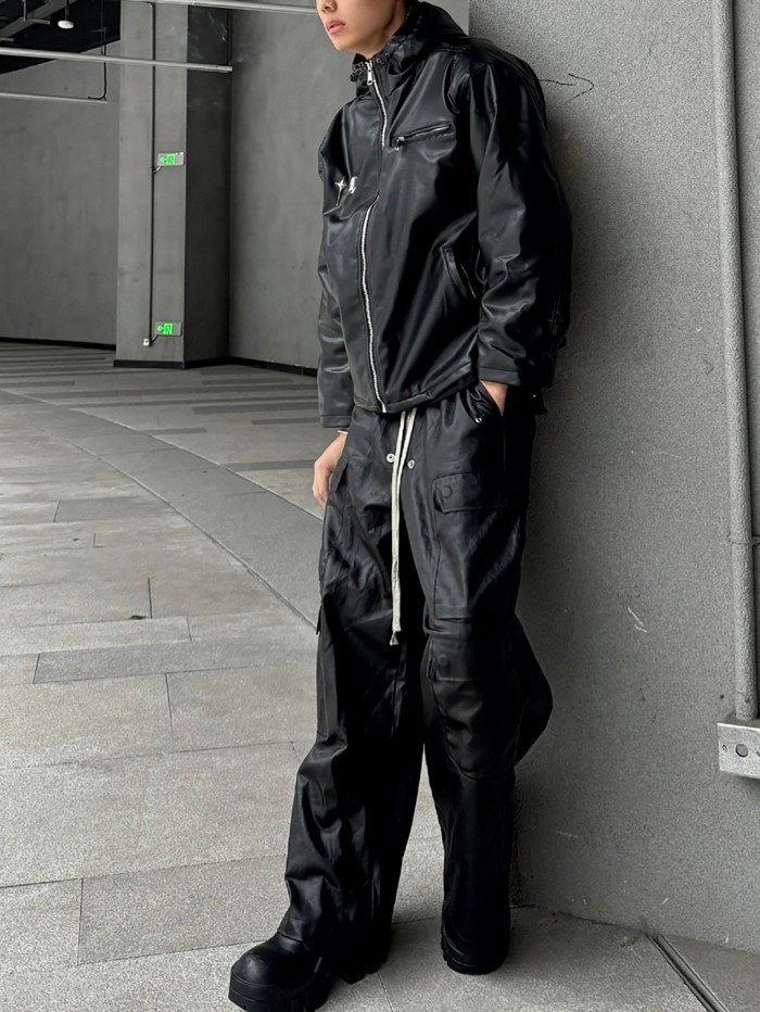 1:1 quality version Coated Wax Brushed Wide-Leg Flare Cargo Pants 29143789