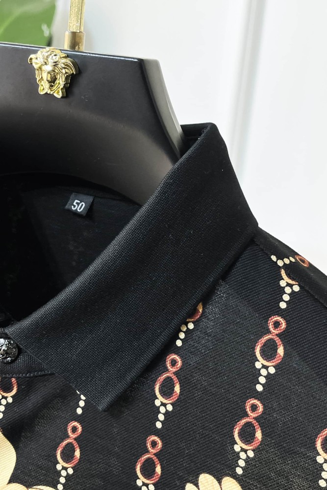 1:1 quality version  Chain Scroll Floral Central Medusa Full Print Black Lapel Men's Polo Shirt 29143767