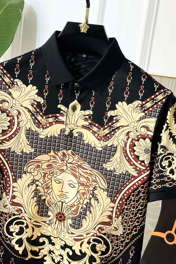 1:1 quality version  Chain Scroll Floral Central Medusa Full Print Black Lapel Men's Polo Shirt 29143767