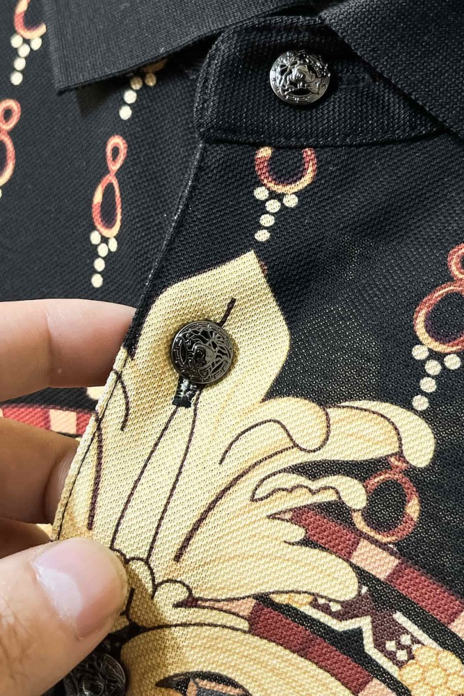 1:1 quality version  Chain Scroll Floral Central Medusa Full Print Black Lapel Men's Polo Shirt 29143767