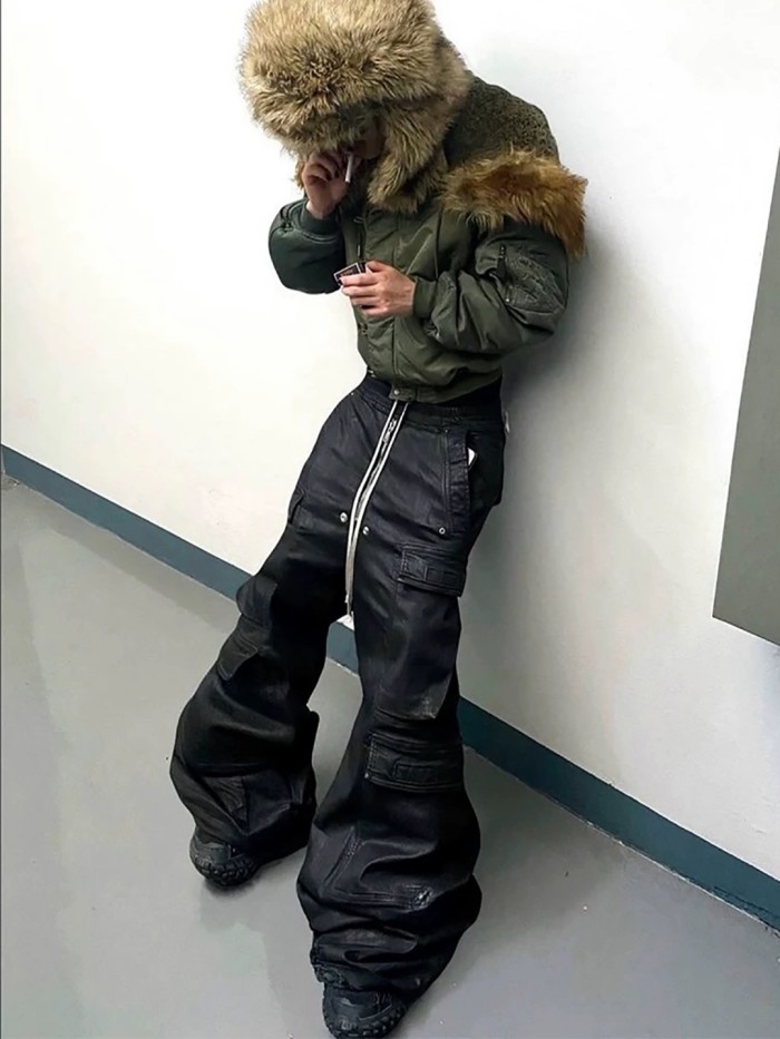 1:1 quality version Coated Wax Brushed Wide-Leg Flare Cargo Pants 29143789