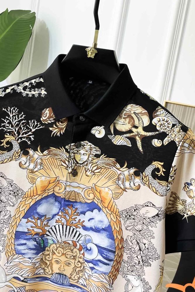 1:1 quality version Luxury Nautical Baroque Style All Over Seashell Coral Mermaid Medusa Print Polo Shirt 29143763