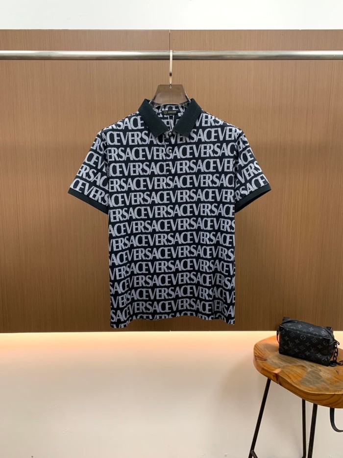1:1 quality versionLuxury All Over Thin Line Versace Letter Repeat Print Pique Polo Shirt 2 colors 29143801